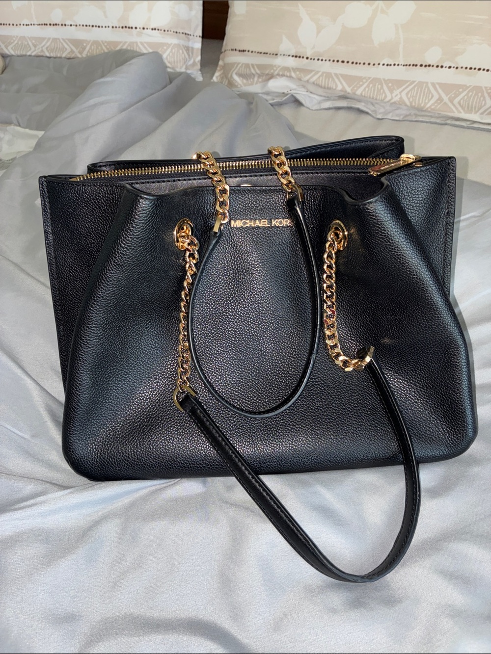 Michael Kors Black Pebbled Leather Tote with Gold Chain Handles